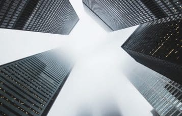 up view of the foggy buildings