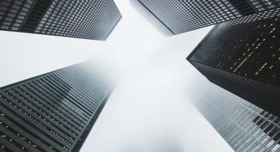 up view of the foggy buildings