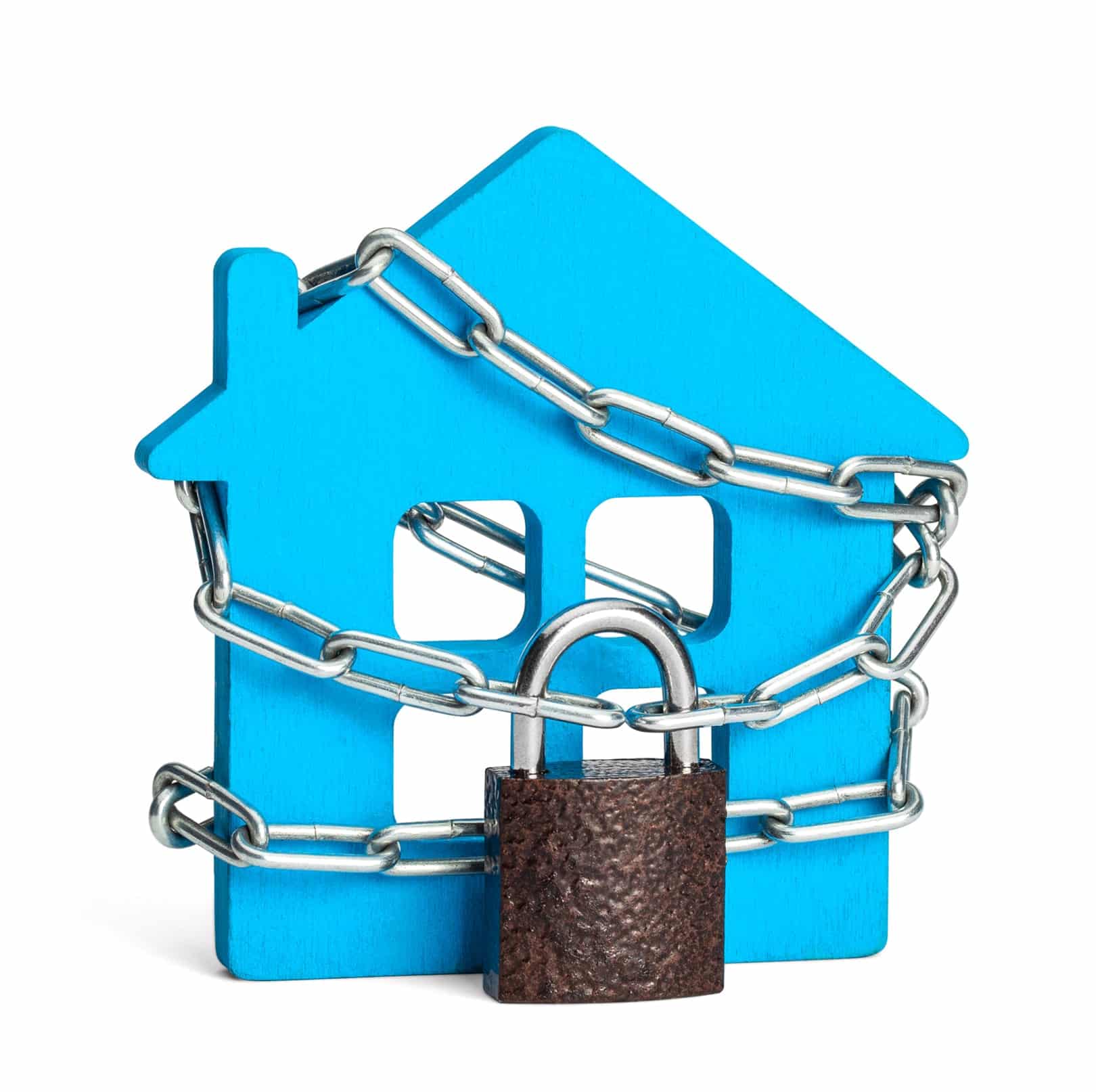 a toy blue house with chains and a lock