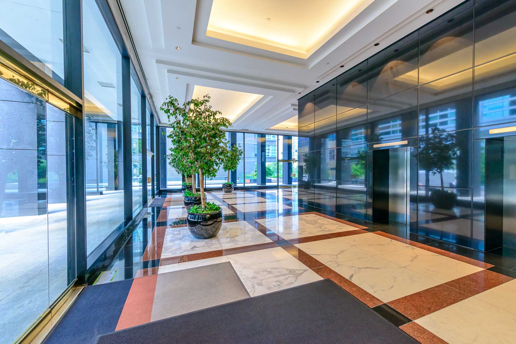 a view of a lobby building in lifts area